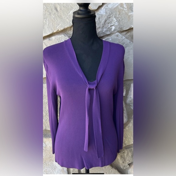 Marshall Fields Tops - Vintage Marshall Fields Ribbed Knit Top Small Purple Easy Care V Neck Bow